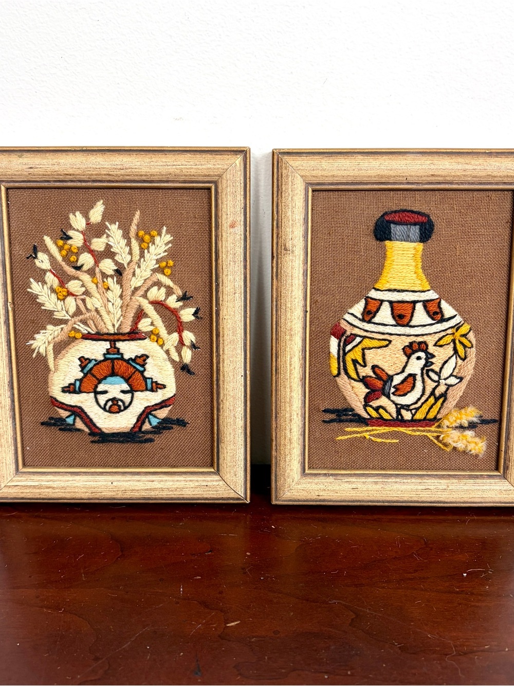 Pair of 1970s Sunset Stitchery Framed Native American Pottery Crewels southwest